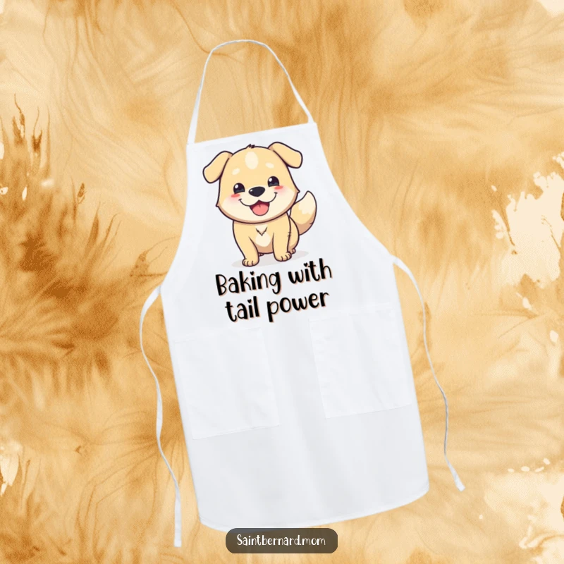 Funny Apron: A massive, happy dog with a friendly expression and a furiously wagging tail, ready to make meal prep fun.