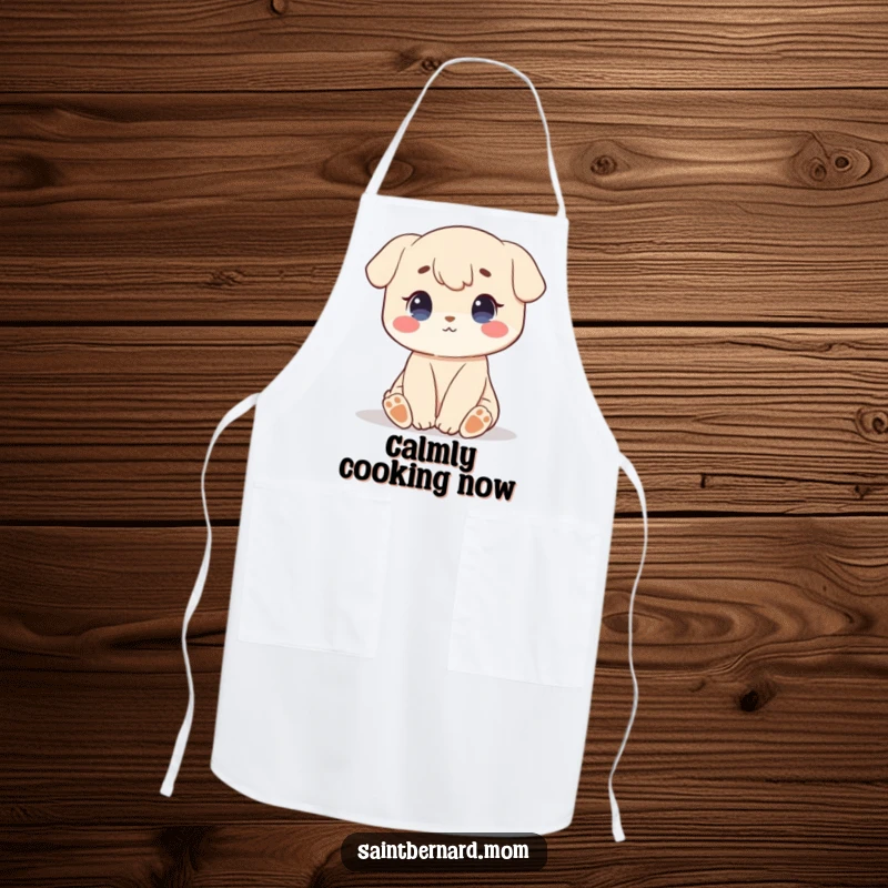 Funny apron showing a character sitting patiently with a sweet, calm demeanor, bringing an element of peacefulness to the kitchen.