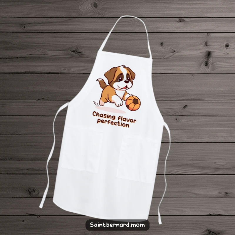 Funny Kawaii Saint Bernard apron designed for activities, showcasing a dog with a determined look, chasing a rolling ball, adding playful humor.