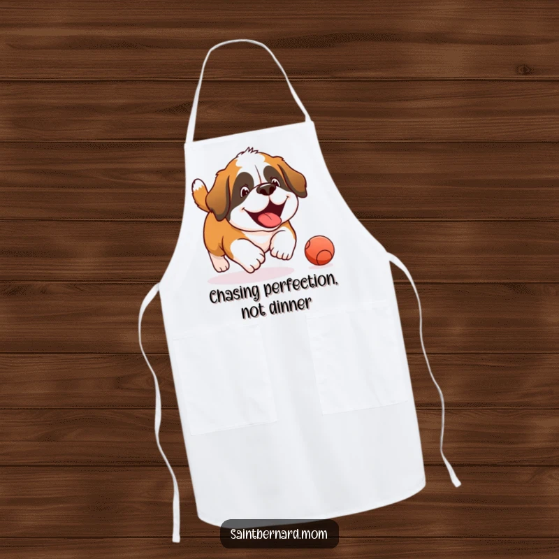 Funny Saint Bernard apron showing a joyful dog gleefully chasing a rolling ball, perfect for adding humor to kitchen activities.
