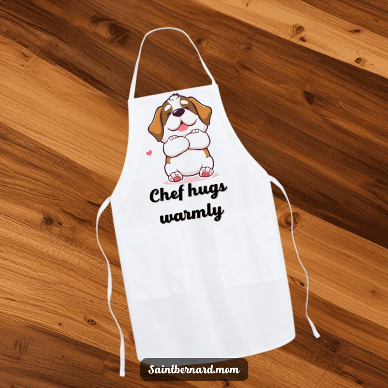 Funny Saint Bernard dog apron offering a giant, loving hug gesture, ideal for humorous kitchen tasks.