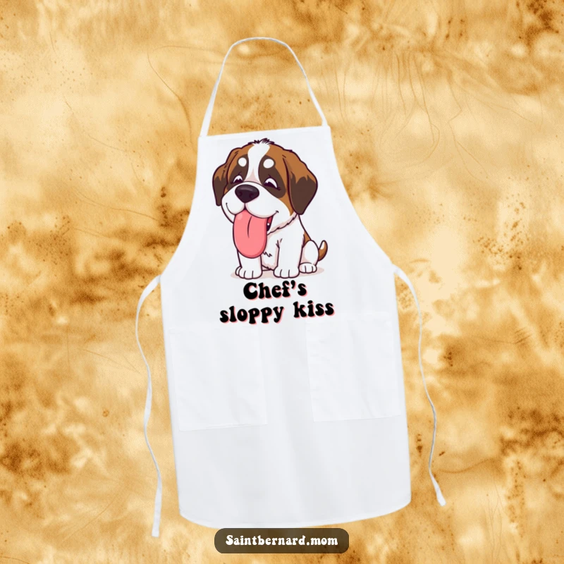 Funny Kawaii Saint Bernard apron designed for cooking, showcasing a dog giving a giant, slobbery, happy lick, adding humorous affection to the kitchen.