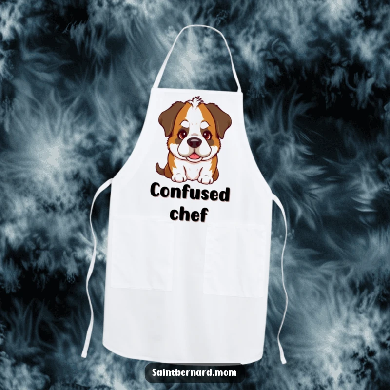Funny Saint Bernard apron featuring a dog in a goofy head tilt pose with a warm gaze, ideal for kitchen fun.