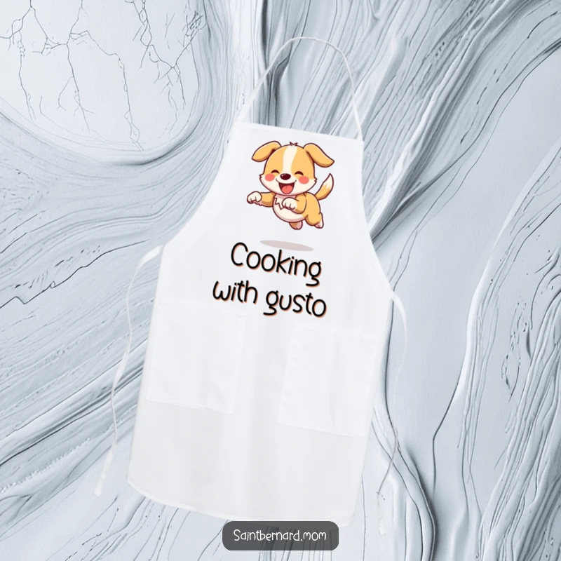 Funny apron depicting a dog character joyfully bounding with its tail held high and wagging, ready to add fun to any kitchen task.