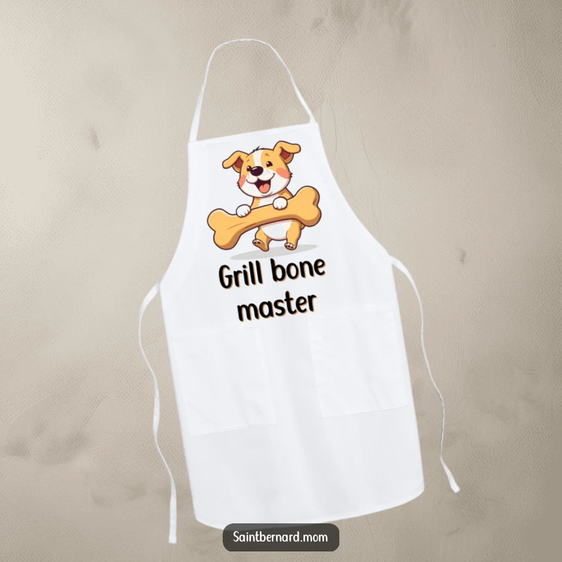 Funny fetching dog apron, showing a dog happily fetching a giant bone, perfect for a fun kitchen.