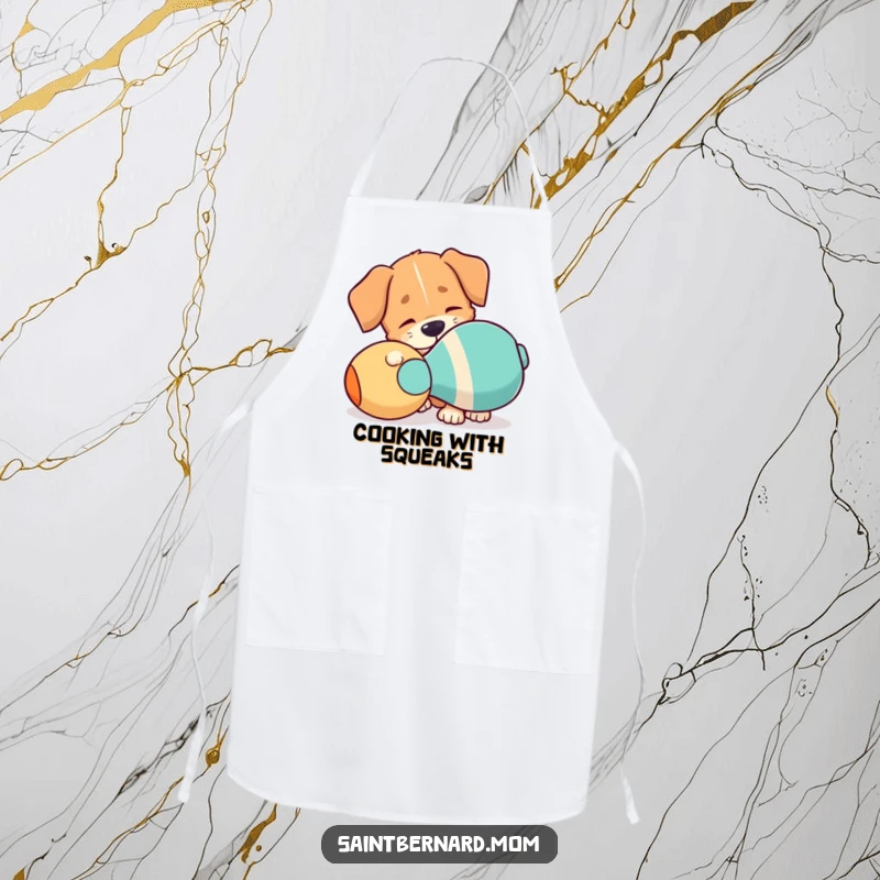 Funny Apron: A dog with a floppy ear is playfully nudging a giant squeaky toy, perfect for a playful cook.