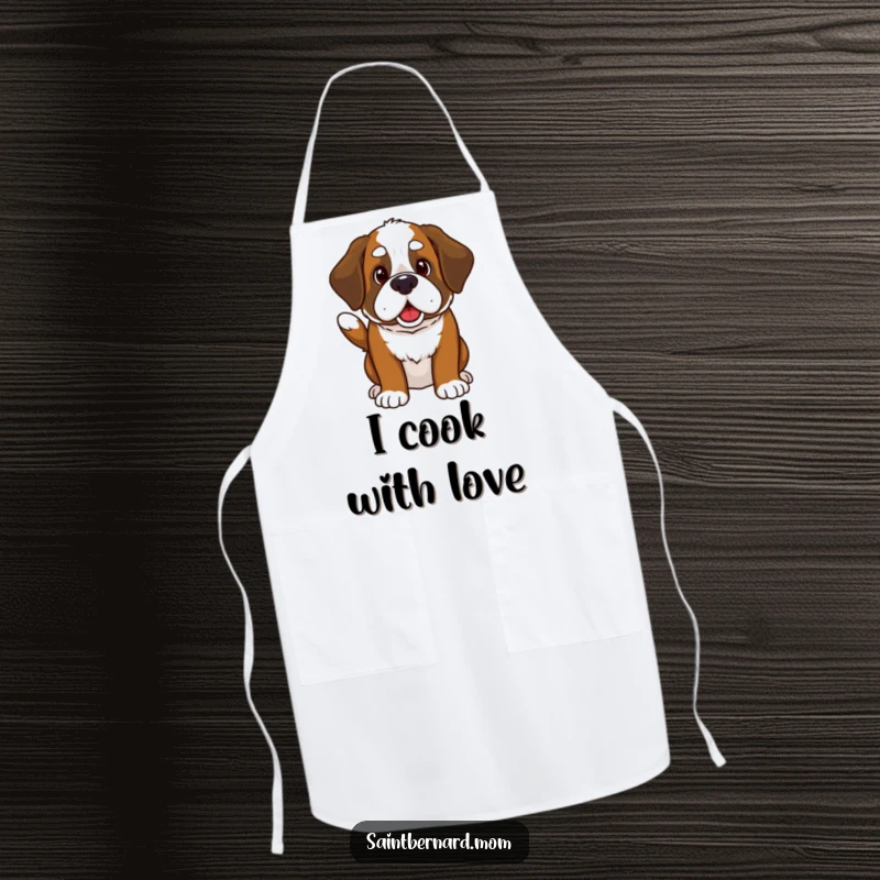 Funny Kawaii Saint Bernard apron showing a cute dog invitingly wagging its thick tail, making kitchen tasks more enjoyable and humorous.