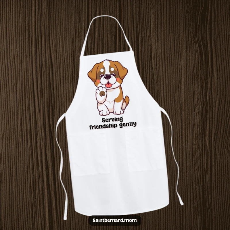 Funny Saint Bernard apron with a kawaii dog offering a paw, designed for kitchen fun and friendly cooking experiences.