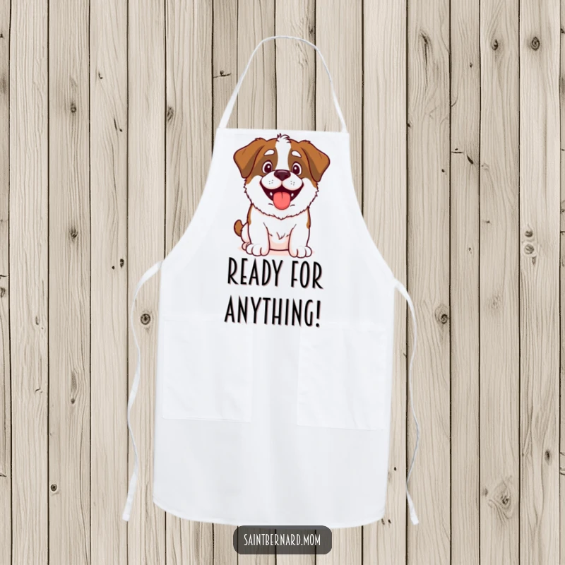 Funny Saint Bernard apron featuring a happy, panting dog, ready for a kitchen adventure and keeping you clean in style.