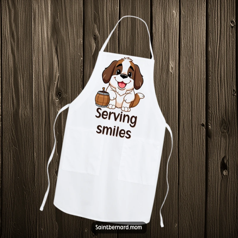 Funny Saint Bernard apron showing a large, happy Saint Bernard dog with a friendly grin and barrel, ideal for cheerful cooking.