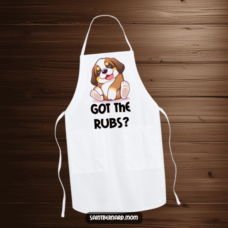 Funny Saint Bernard puppy apron, a dog hilariously rolling on its back, asking for belly rubs, ideal for kitchen fun and humorous cooking.