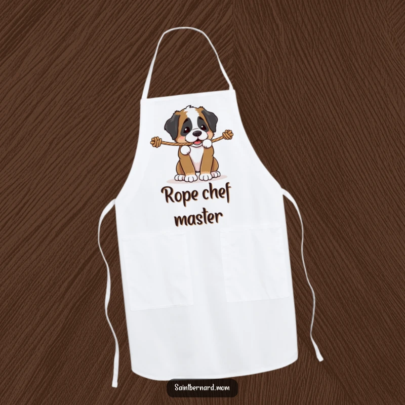 Funny Saint Bernard puppy apron, a dog playfully tugging on a sturdy rope, ideal for kitchen fun and bringing energetic humor to cooking.