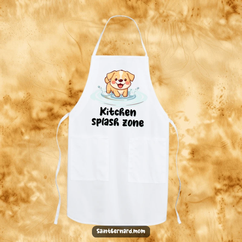 Funny splashing dog apron, showing a dog playfully splashing in water, perfect for a fun kitchen.