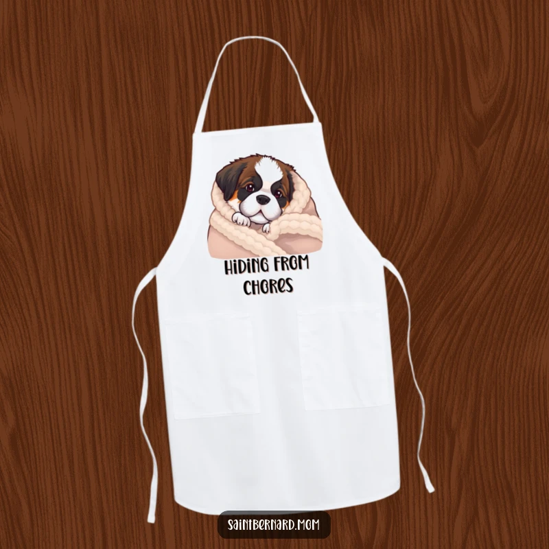 Funny Saint Bernard puppy apron showing a dog peeking from behind a cozy blanket, perfect for kitchen duties.