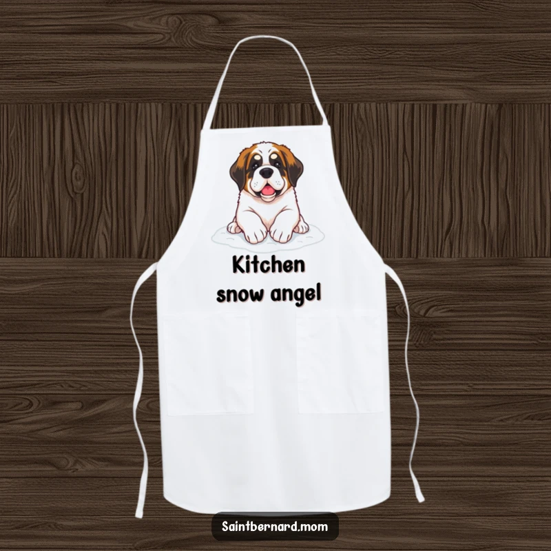 Funny Saint Bernard dog apron featuring paws resting on soft snow, a humorous and practical kitchen accessory.
