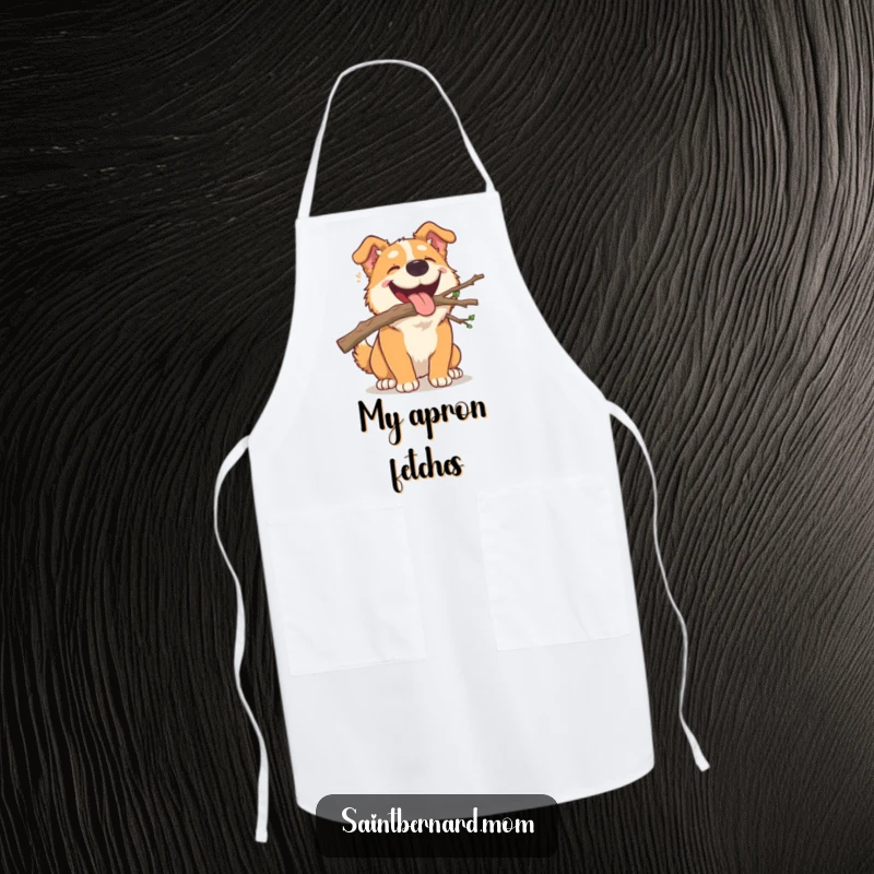 Funny Apron: A large dog joyfully carrying a small, fallen branch in its mouth, perfect for a dog-loving cook.