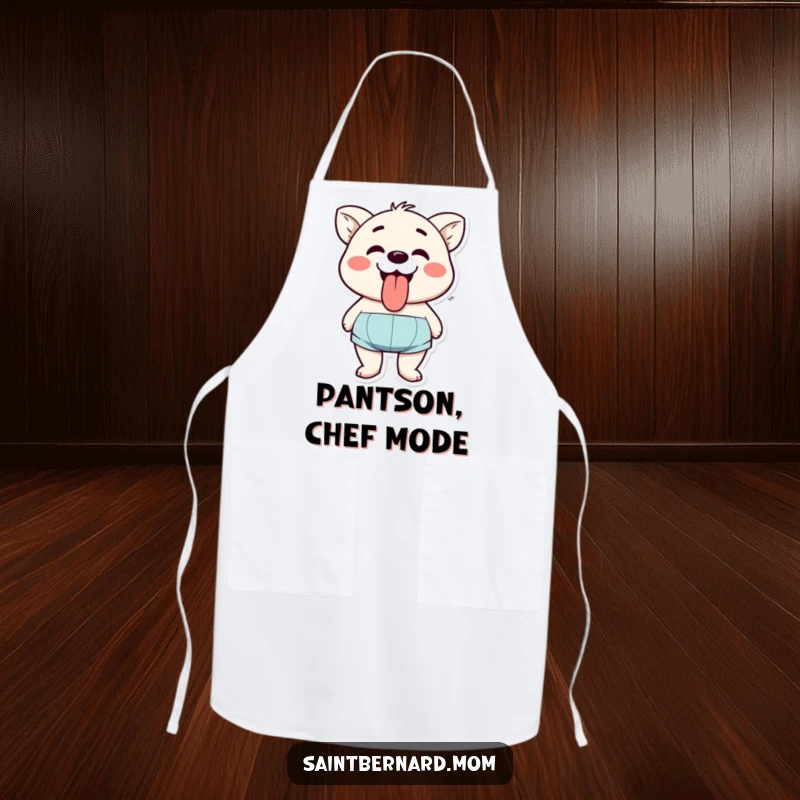 Funny apron with a character’s happy panting expression and tongue lolling, a cheerful and practical addition to any kitchen.