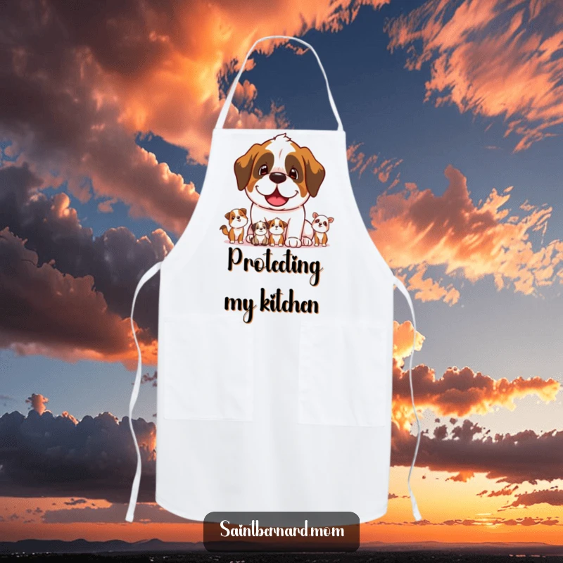 Funny Saint Bernard dog character protectively watching smaller animals on a durable apron.