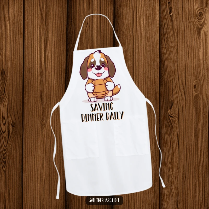 Funny Kawaii Saint Bernard apron, a smiling dog holding a small barrel, acting as a helpful kitchen companion.