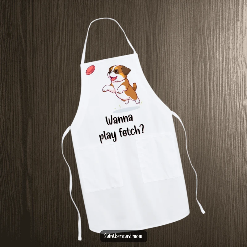 Funny Saint Bernard puppy apron illustrating a dog leaping enthusiastically to catch a frisbee, adding humor to kitchen tasks.