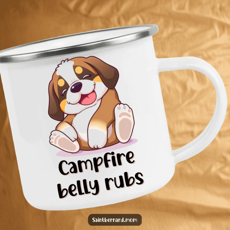 Funny Saint Bernard puppy camping mug, a dog hilariously rolling on its back, asking for belly rubs, perfect for outdoor fun, great gift.