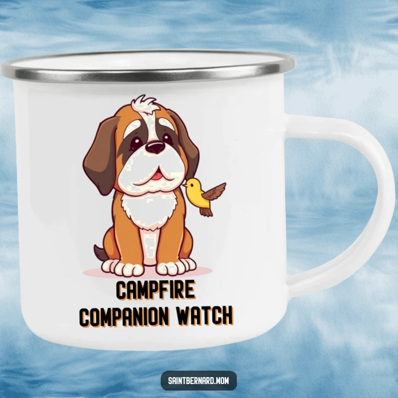 Funny Saint Bernard camping mug featuring a dog protectively watching a small bird, durable and charming for camping.
