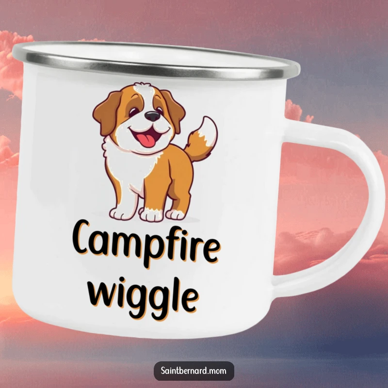 Funny Saint Bernard camping mug showing a happy dog wiggling its entire body due to an incredibly enthusiastic tail wag.