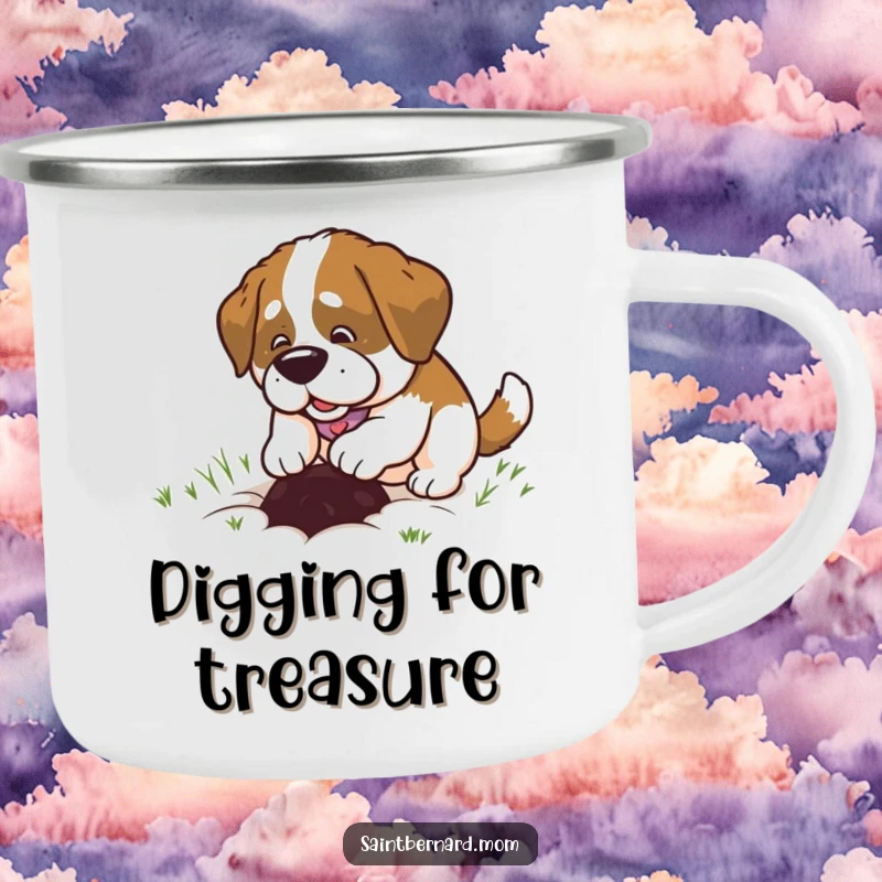 Funny Saint Bernard Lady Camping Mug, happily digging a small hole with pure joy, a durable and humorous mug for adventurers.