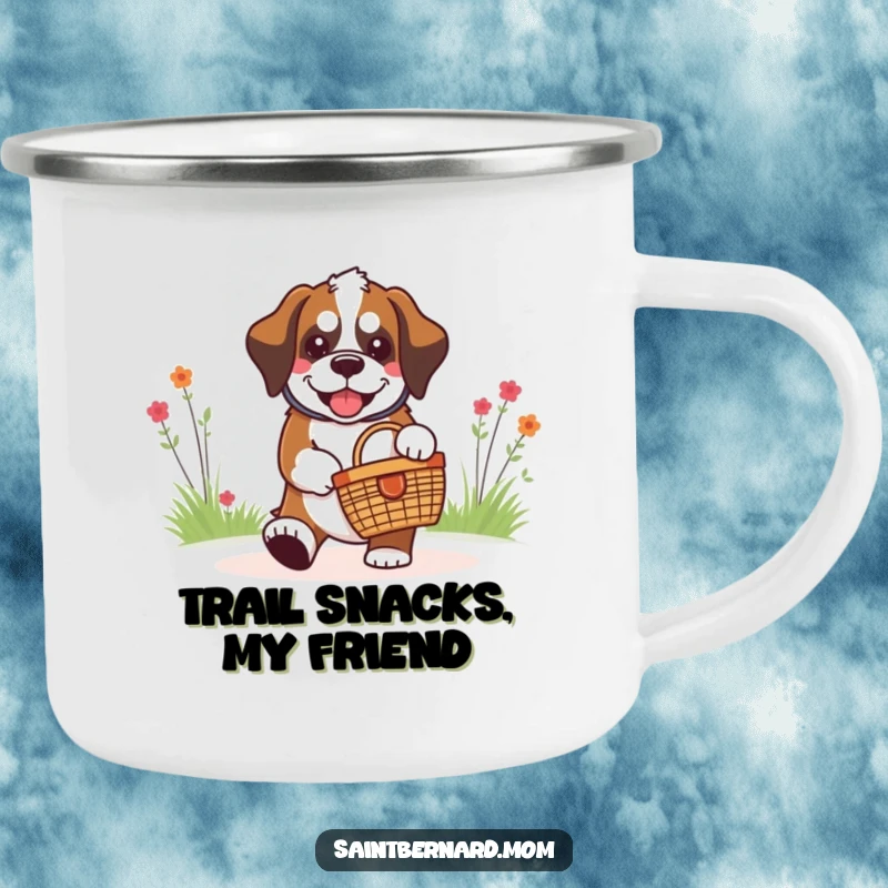 Funny kawaii Saint Bernard dog happily carrying a picnic basket on a durable camping mug, perfect for outdoor adventures.