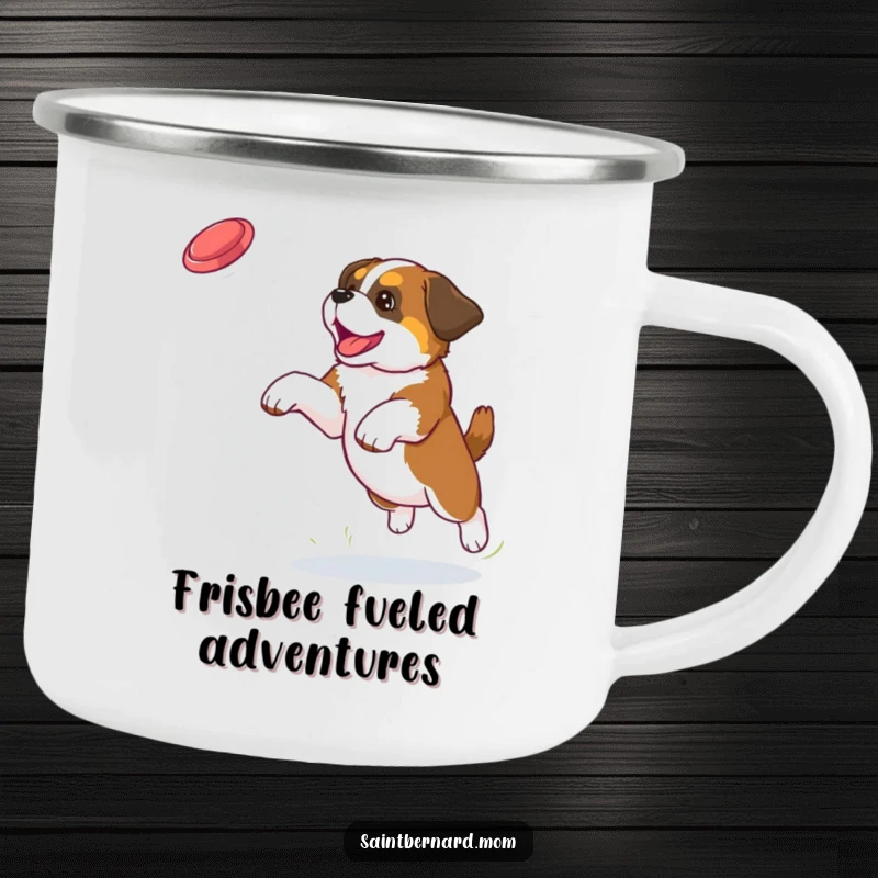 Funny Saint Bernard puppy camping mug showing a dog mid-leap to catch a frisbee, perfect for outdoor enthusiasts.