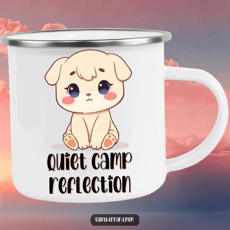 Funny camping mug with a character sitting patiently with a sweet, calm demeanor, designed for peaceful outdoor experiences.