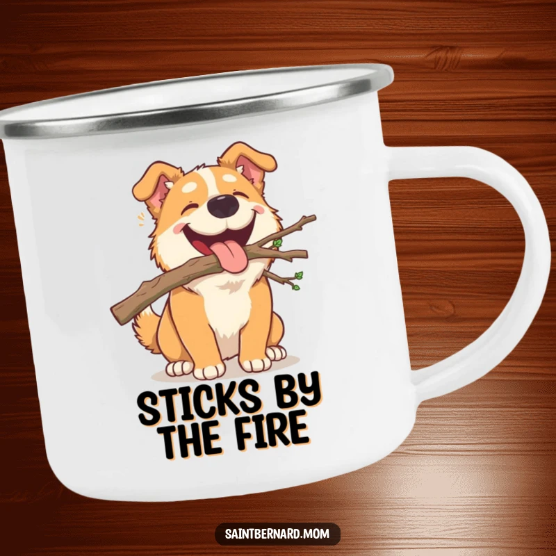 Funny Camping Mug: A large dog carrying a small, fallen branch in its mouth, celebrating outdoor adventures with humor.