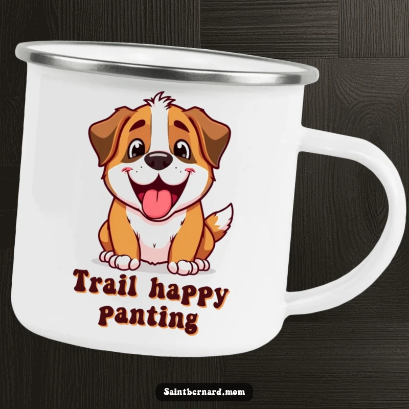 Funny Saint Bernard dog character with a happy, excited panting expression on a durable camping mug.
