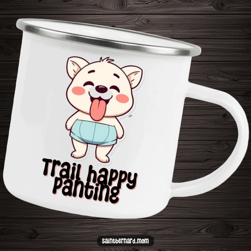 Funny camping mug featuring a character happily panting with their tongue out, ready for any outdoor adventure and a dose of cheer.
