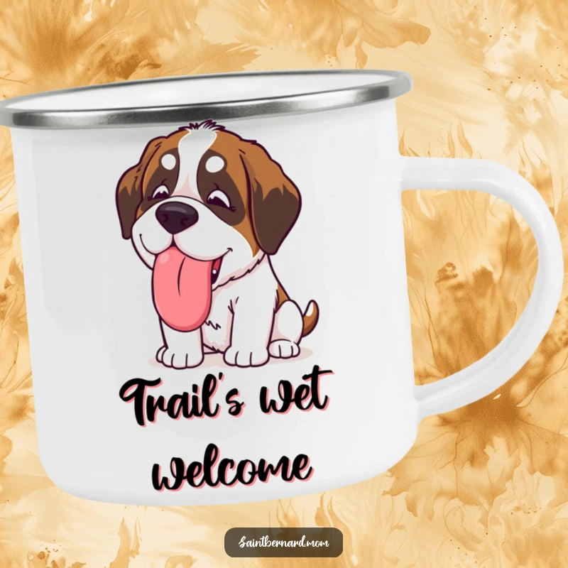 Funny Kawaii Saint Bernard camping mug featuring a dog giving a giant, slobbery, happy lick, perfect for outdoor drinks with humorous affection.
