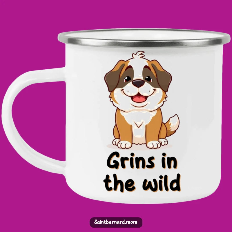 Funny Saint Bernard Lady Camping Mug: Goofy Grin Buddy, Outdoor Fun Gift