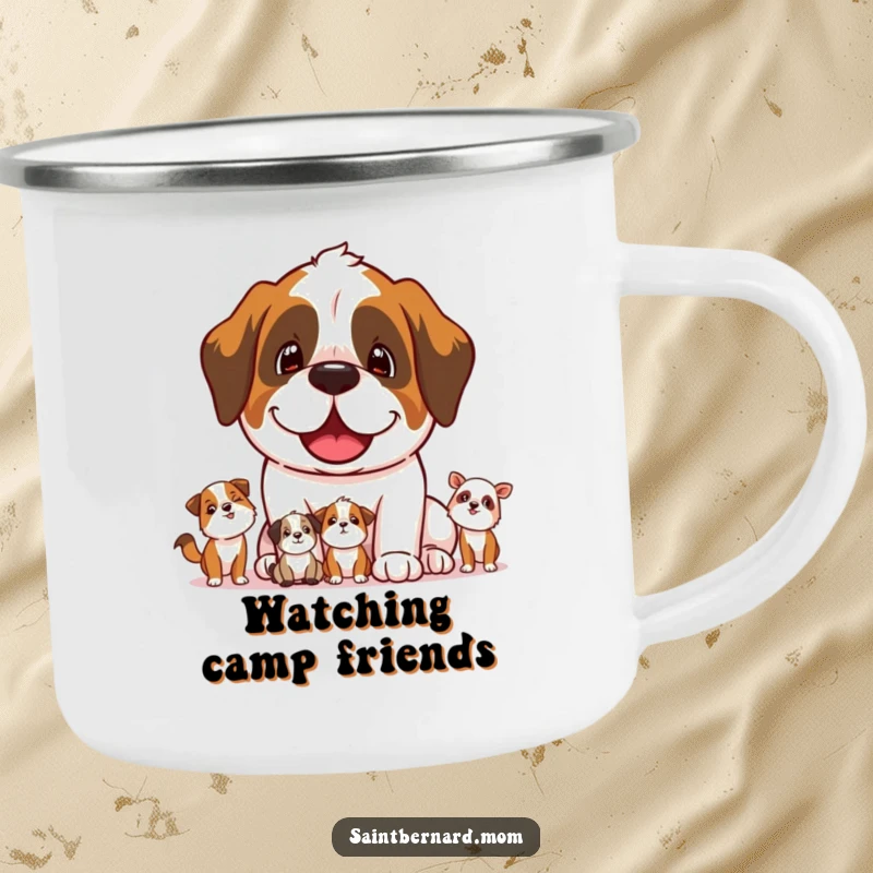 Funny Saint Bernard dog character protectively watching smaller animals on a durable camping mug.