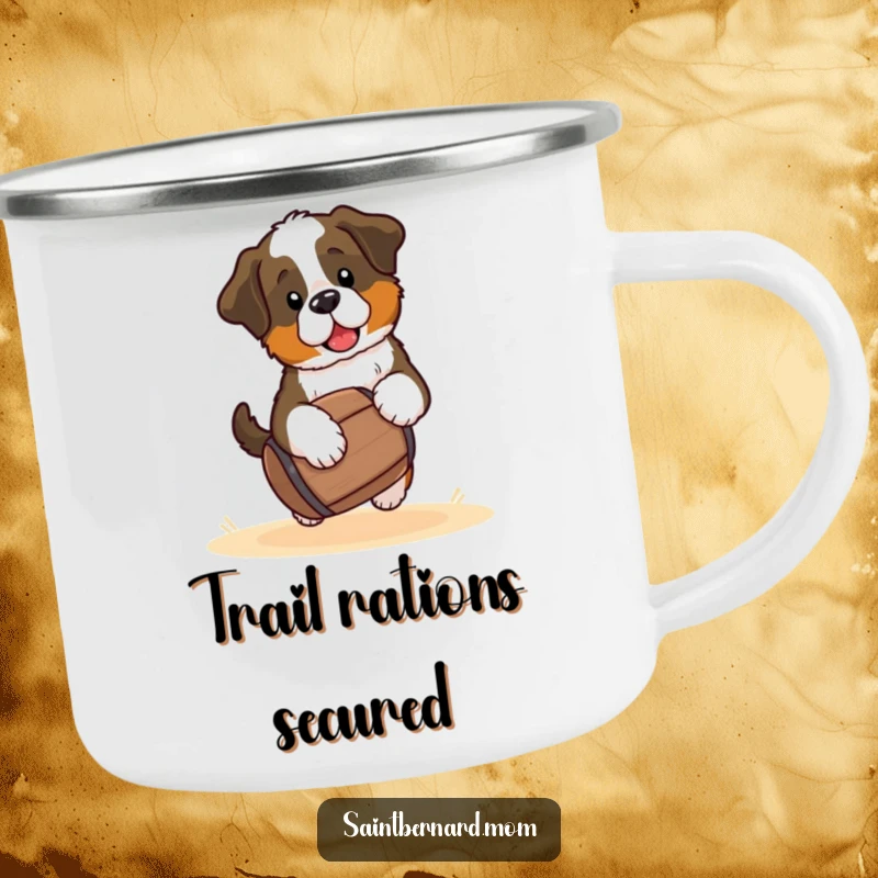 Funny Saint Bernard puppy camping mug, a kawaii dog carrying a small barrel, ready for outdoor adventures, durable and cheerful gift.