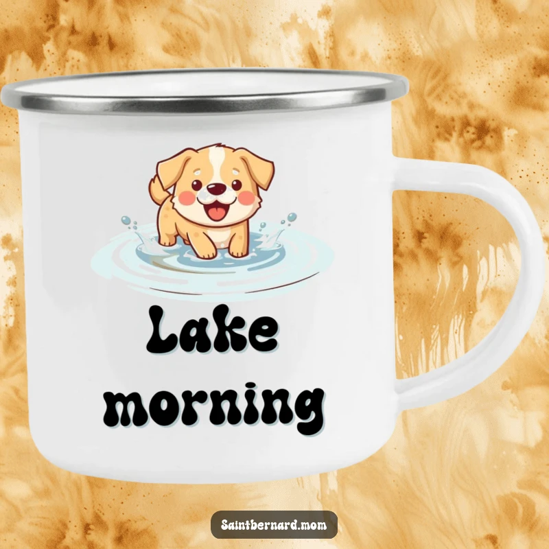 Funny splashing dog camping mug, showing a happy dog splashing playfully in water, perfect for adventures.