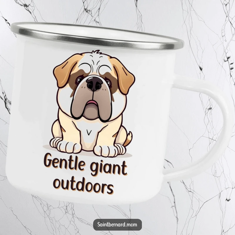 Funny Saint Bernard dog camping mug with a gentle giant demeanor, a humorous and comforting outdoor accessory.