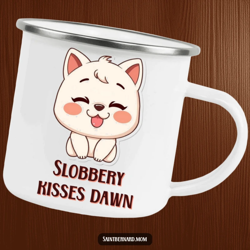Funny camping mug featuring a character with a big grin, ready for a slobbery kiss, perfect for outdoor fun and sharing love.