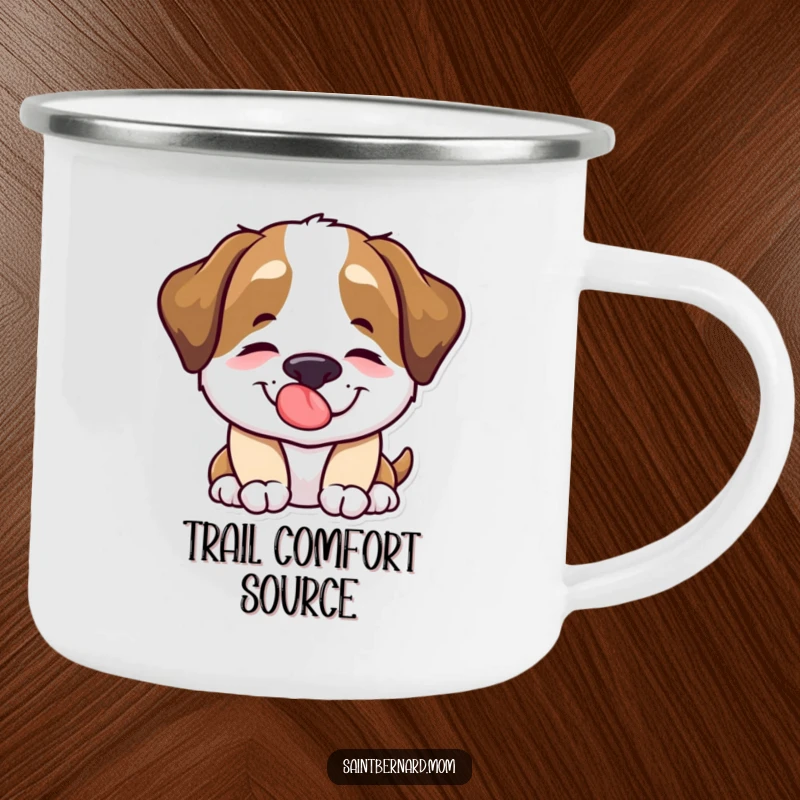 Funny Saint Bernard dog character offering a comforting lick on a durable camping mug.