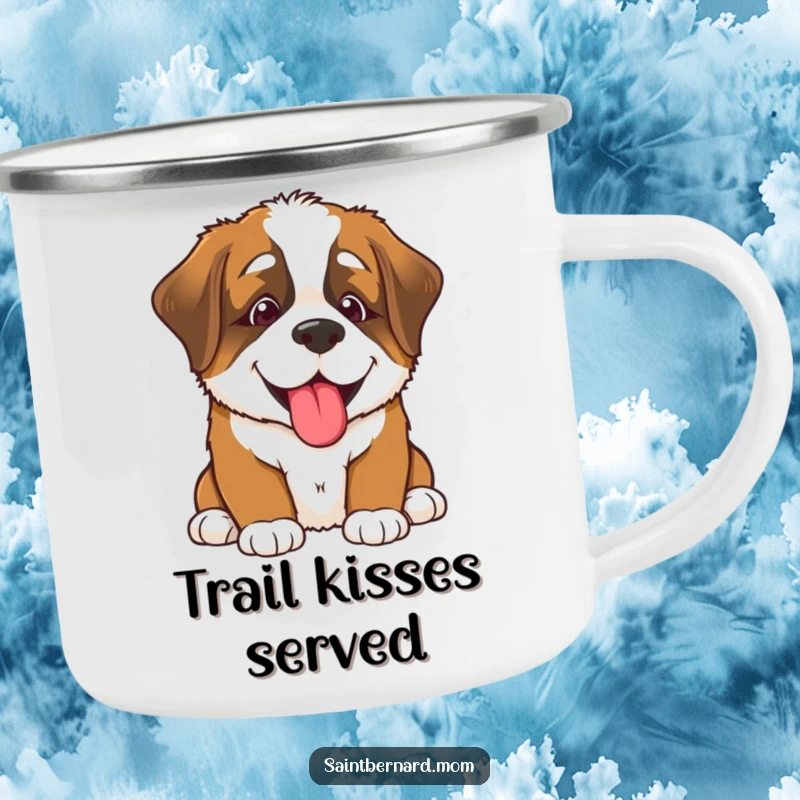 Funny Saint Bernard puppy camping mug, a smiling dog offering a big lick, durable and cheerful drinkware for outdoor fun, perfect gift.