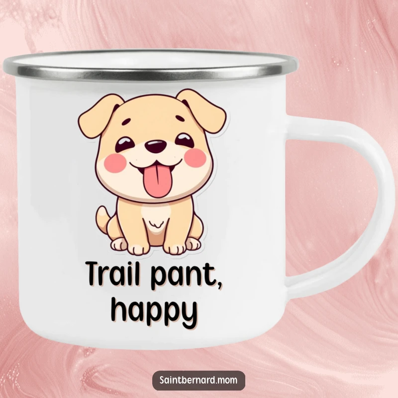 Funny camping mug with a large, gentle dog character happily panting with its tongue out, perfect for enjoying beverages outdoors.