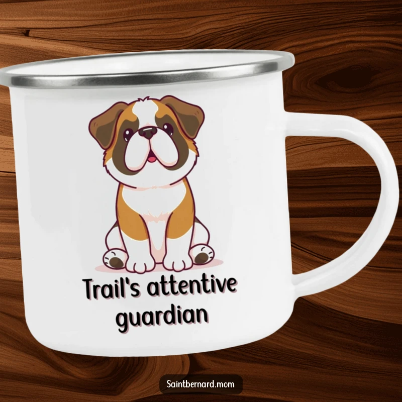Funny Kawaii Saint Bernard camping mug featuring a dog sitting attentively with perked ears, perfect for outdoor drinks with humorous loyalty.