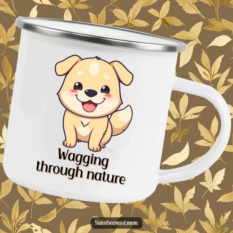 Funny Camping Mug: A massive, friendly dog with a happy wagging tail, perfect for outdoor adventures and morning coffee.