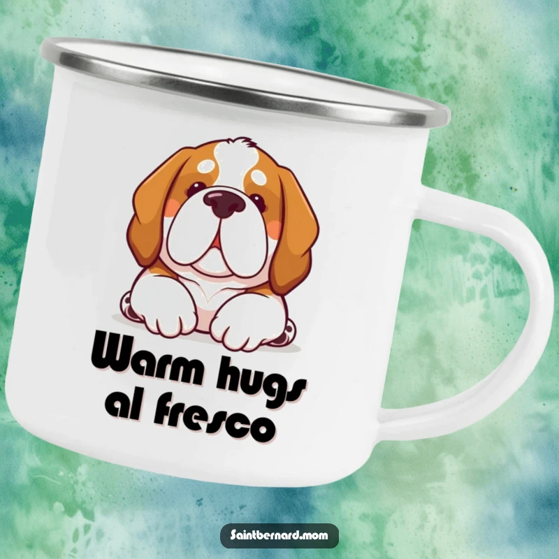 Funny Kawaii Saint Bernard dog camping mug, durable cup with a pup offering a comforting nuzzle, for warm drinks.