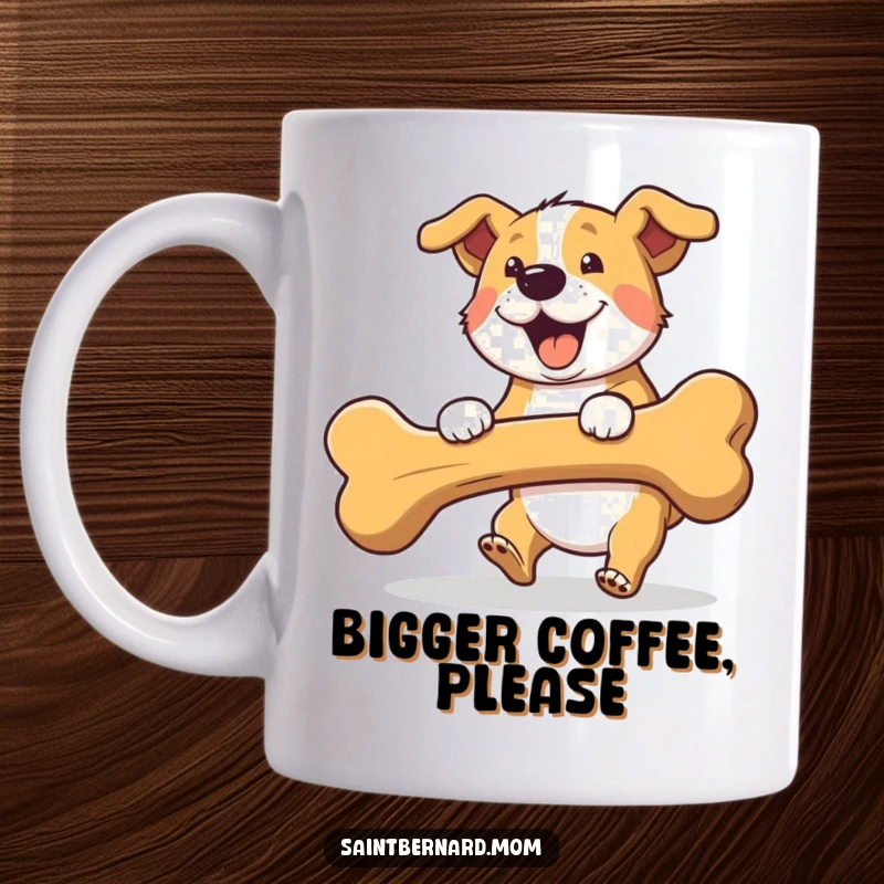 Funny fetching dog mug art, showing a dog happily carrying a giant, oversized bone with excitement.