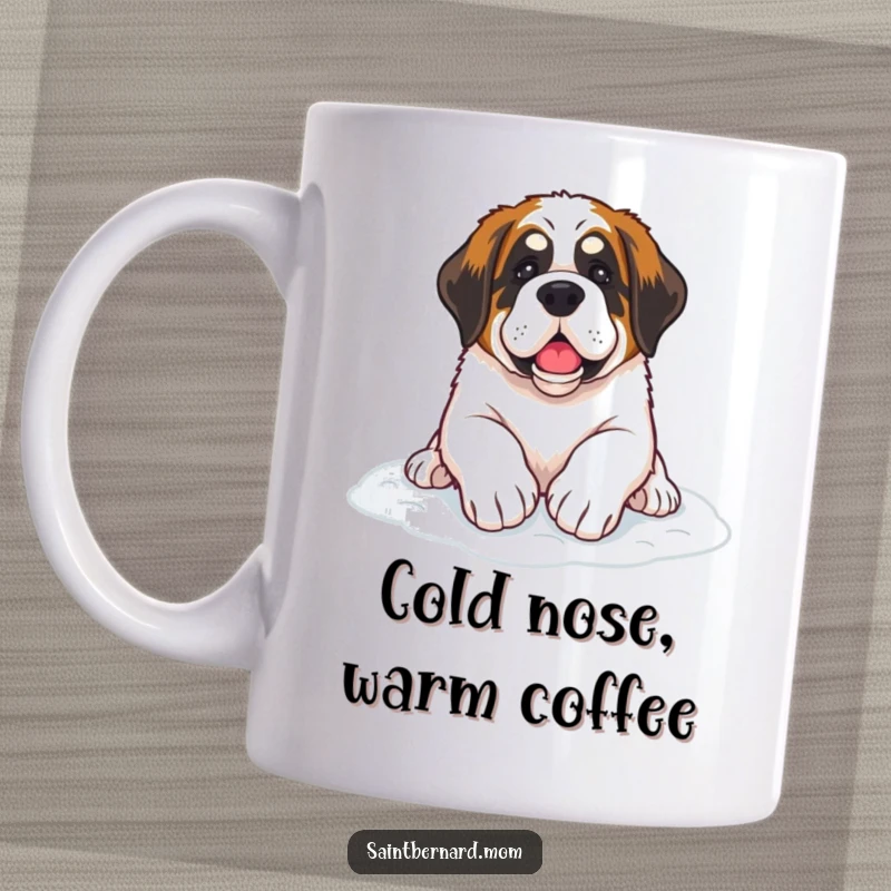Funny Saint Bernard dog mug with paws resting peacefully on soft, white snow, a cozy winter gift.