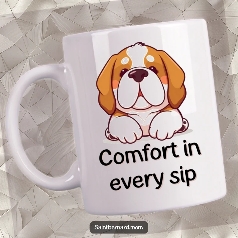 Funny Kawaii Saint Bernard dog mug, gentle nuzzle offering comfort and warmth, adorable and loving canine.